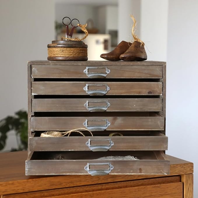Vintage Wooden Storage Box Desktop Organizer Cabinet with 6 Drawers Rustic Farmhouse Distressed Decor Jewelry Cosmetics Craft Paper Small Tool Library Card Catalog Cabinet for Home Office Desk (Brown)
