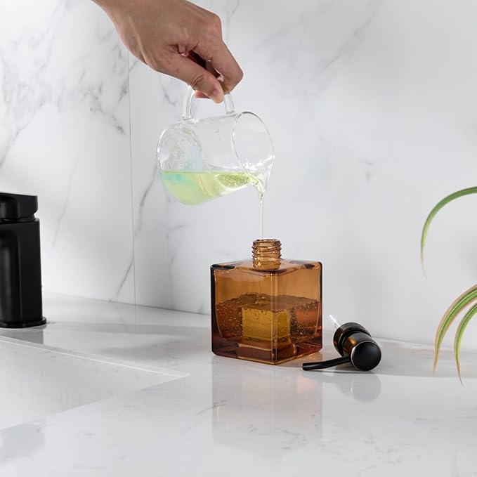 Square Bathroom Soap Dispenser Amber Bottle with Oil Rubbed Bronze Pump, Retangle Cube 8.4 oz Glass Bottles with Stainless Steel Pump Hand Liquid Soap Dispenser Kitchen