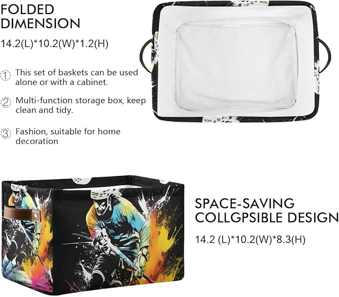 Storage Basket Abstract Running Ice Hockey Player Durable Canvas Collapsible Toy Box Organizer Bin with Handles for Shelf Closet Bedroom Home Office