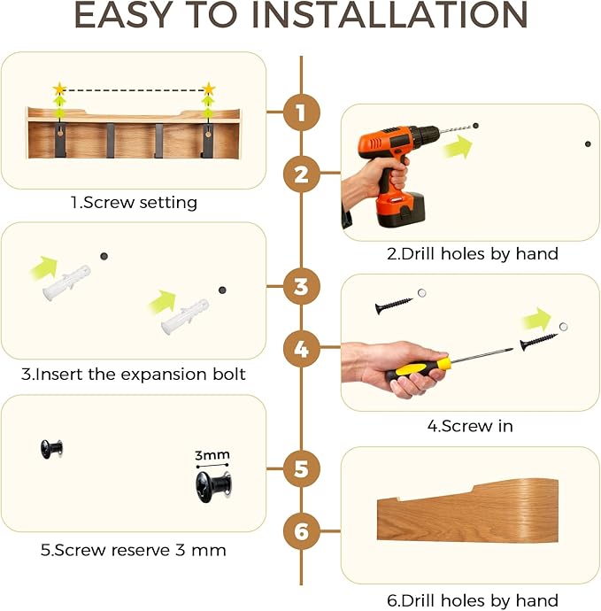 Wall Coat Rack Floating Shelves Modern Coat Rack Wall Mount with Storage Entryway Shelf Wooden Hanger 20 Inch 4 Hidden Metal Hooks for Living Room Bedroom (Oak, 5 Hooks)