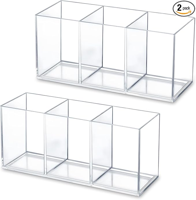 2 Pack Clear Makeup Brush Holder, 3 Compartment Plastic Pen Organizer, Acrylic Silverware Caddy for Storage Desk Vanity Pencil Utensil Marker Cutlery (Clear)