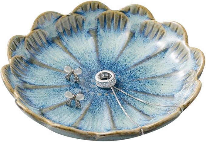 ring holder, flower shape decorative earring stand, jewelry tray, key bowl, trinket dish for women and friends, flower blue