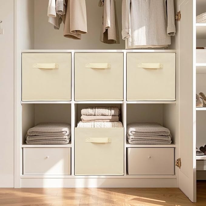 11 Inch Fabric Storage Cubes, Sturdy Foldable Storage Bins, Heavy Duty Cube Organizer for Clothes, Blankets, Shelves, Closets, Bedroom, Living Room, Beige, 7 Pack