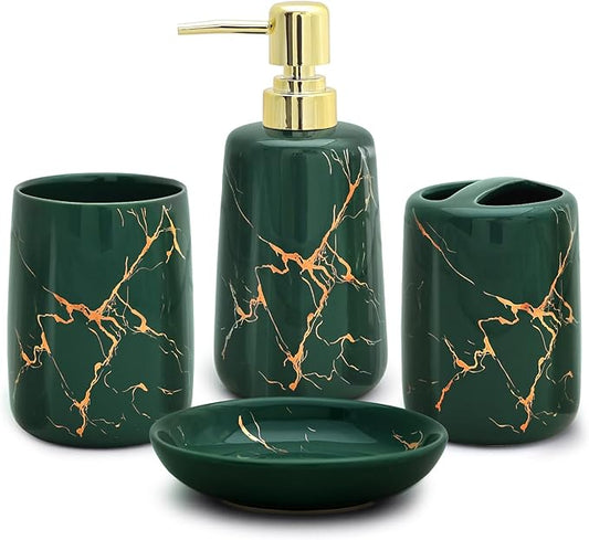 CERBIOR Bathroom Accessories Set,4 Pcs Ceramic Bathroom Decor Accessory,Includes Toothbrush Holder, Toothbrush Cup, Soap Dish for Decorative Countertop and Housewarming Gift(Green 4pcs)