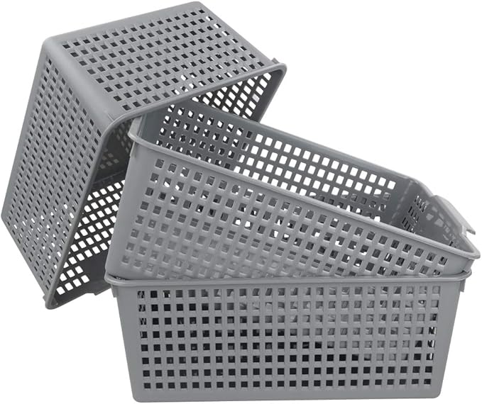 3-pack Large Plastic Storage Basket Bins, Grey Baskets for Organizing