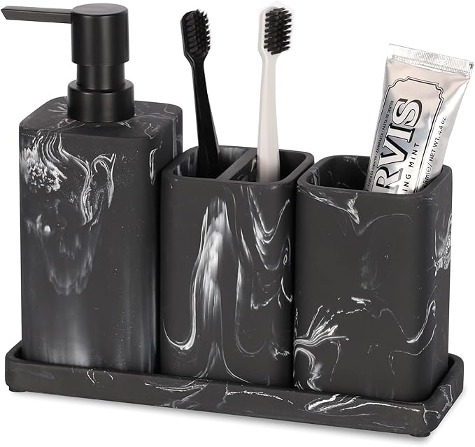 ZCCZ Bathroom Accessories Set, 4-Piece Marble Pattern with Soap Dispenser, Toothbrush Holder, Tumbler, and Soap Dish for Modern Bath Décor, Elegant and Durable Design for Home or Office Bathrooms
