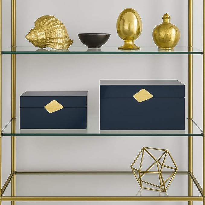 Vintiquewise Set of 2 Decorative Wooden Storage Boxes with Gold Accent – Boxes for Keys, Jewelry, Makeup, Accessories, Crafts, Gadgets, Home Office, Living Room, Bedroom & Entryway Décor, Blue