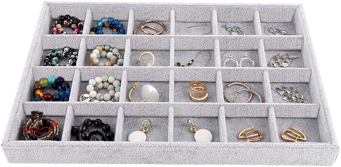 Emibele Jewelry Organizer, 24 Grids Necklace Pendant Organizer Watch Storage Rings Earrings Bracelet Organizer Tray Showcase Display Velvet Stackable Jewelry Storage - Grey