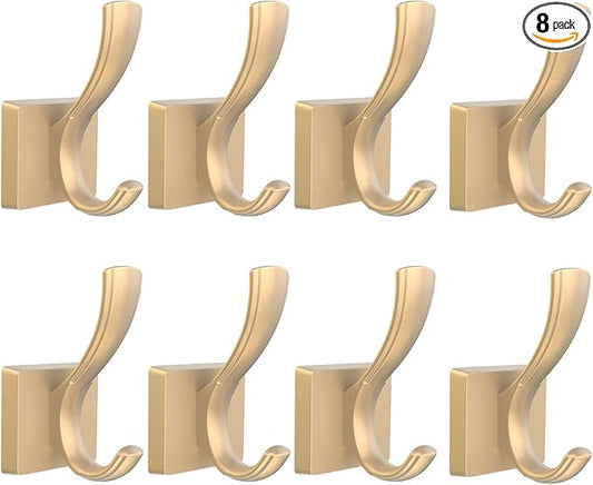 Gold Towel Hooks for Wall, Heavy Duty Thick Metal Bathroom Coat Hooks for Hanging Key Robe Hat Backpack, Wall Mount Hooks Bath Kitchen Garage Hooks(8 Pack, Gold)