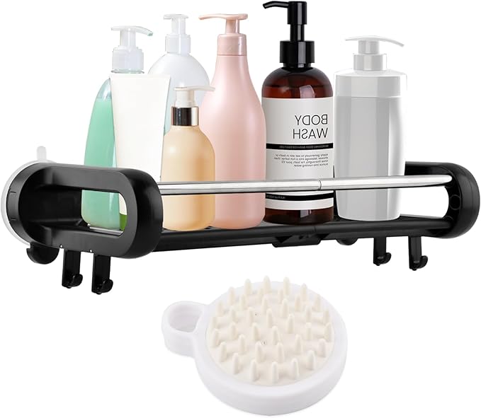 Strong Suction Cup Shower Caddy, Shower Shelf for Home Storage, No-Drilling Removable Bath Organizer Suction Powerful Heavy Duty, Wall Mounted Easy Install, With Shampoo Brush
