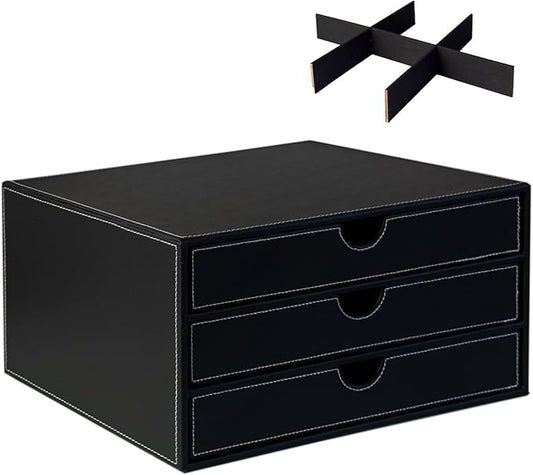 UnionBasic Document Organizer, 3-Drawer File Cabinet Document Storage Box, Office Desktop Filing Organizer, Black with White Stitching