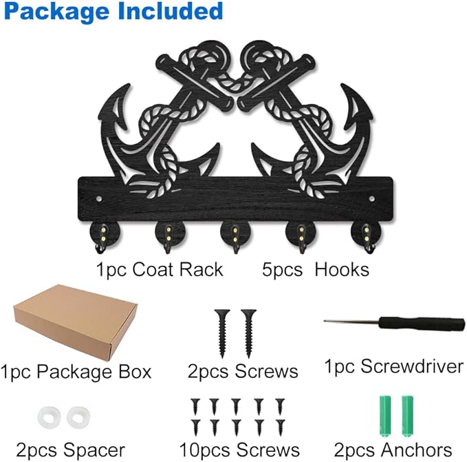 MAYJOYDIY Anchor Helm Wood Key Holder for Wall Nautical Sailor Rope Wall Mounted Key Hooks 11.8×7.9inch Coat Hanger Rack with 5 Alloy Hooks for Entryway Front Door Kitchen Office Decoration