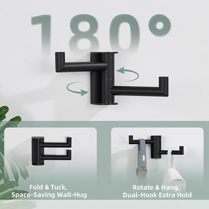 Matte Black Rotating Double Towel Hooks 2 Pack, 304 Stainless Steel Swivel Wall Hooks with 2 Arms, Space Saving Towel Hangers for Bathroom Kitchen