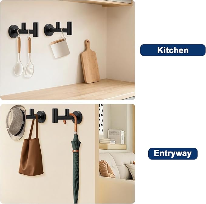 NearMoon Bathroom Double Towel Hook- SUS304 Stainless Steel Robe Towel Holder, Heavy Duty Double Coat Hook for Bathroom Livingroom Kitchen Wall Mounted (Matte Black-F, 2 Pack)
