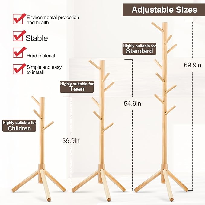 2 PCS Coat Rack, Freestanding Coat Rack with 8 Hooks and 3 Adjustable Size Tree Coat Racks for Bedroom, Hallway, Entrance, Office, for Hats, Coats, Scarves, Handbags