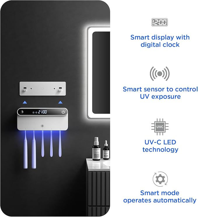 Bloom Toothbrush Sanitizer and Holder for Bathroom Walls, Strong 3M Adhesive, Time Display, Long-Lasting Charge, 5 Slots for Any Size Toothbrush, Black