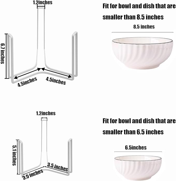 Dinnerware Bowl Plate Holder Fit for 6.5 Inches Diameters Bowl, Metal Bowl Storage Dying Display Rack for Kitchen Drawer, Countertop, Cabinet, Shelf, Cupboard (White, Small 1PCS+Large 1PCS)