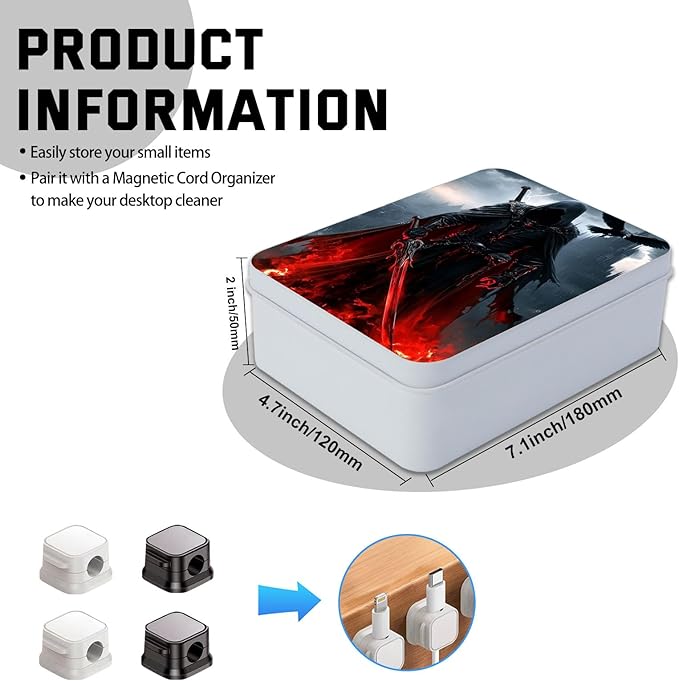 Metal Tin Box with Lid,Multi-functional Storage Large Box Can Store Tea Biscuits Game Cards, Playing & Tarot Cards-Comes with 4 Magnetic Cord Clips,Dark Warrior with Red Sword