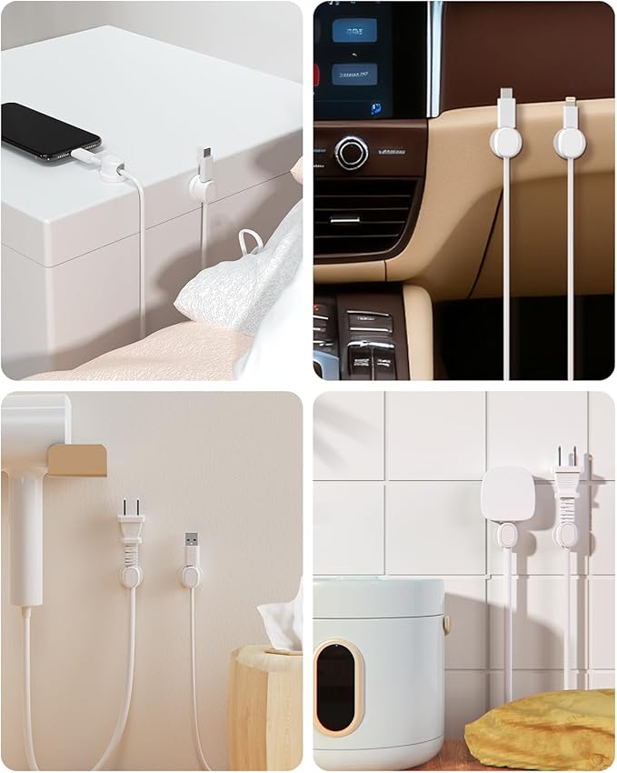 Rotatable Cord Holder, Snap-Lock Cable Clips, 8 Pack Adhesive Cord Organizer, Phone Charger Wire Organizer Keeper for Nightstand Car Kitchen Office Accessory,White