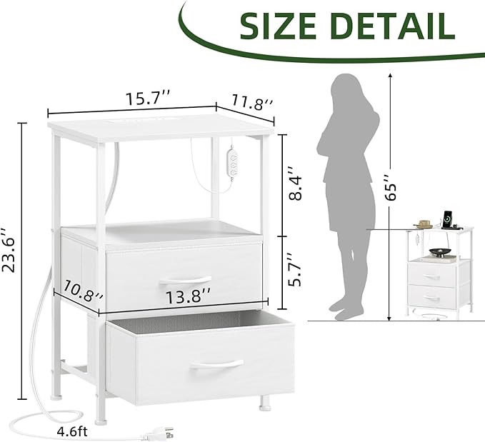 Somdot White Nightstand with Charging Station and LED Light for Bedroom, 2 Drawers Dresser with Fabric Bins for Bedside Kids Dorm Room Closet Laundry Entryway, White Leather