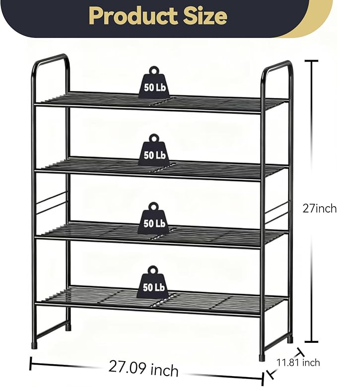 Shoe Rack Metal, Closet Shoe Organizer 4 Tier, Stackable & Adjustable, Black