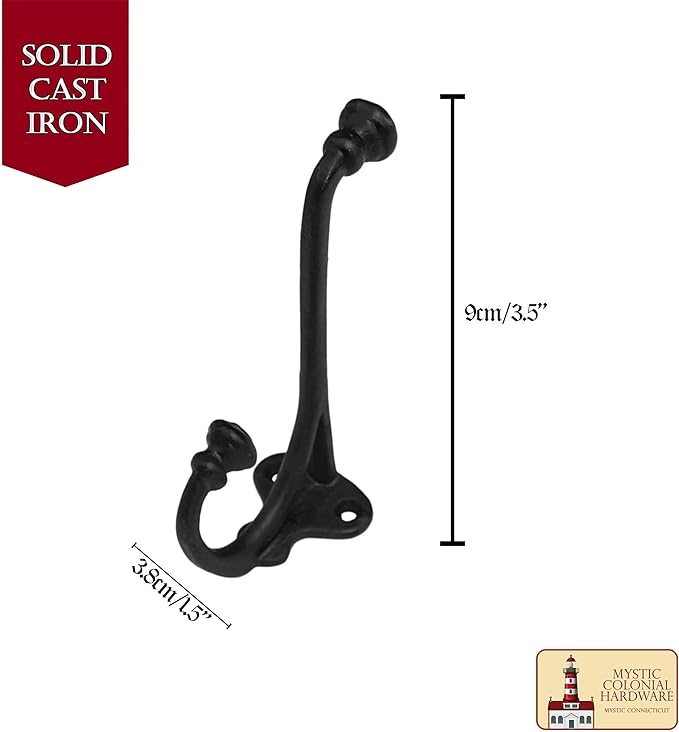 Mystic Colonial Rustic Cast Iron Wall Hooks Heavy Duty Retro Utility Hooks for Hanging Coat, Bag, Towel, Robe, Hat & More Decorative Wall Mount Hooks, Pack of 10, Black