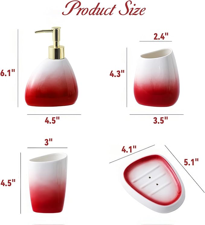 Bathroom Accessory Set, 4 Pcs White & Red Gradient Ceramic Bathroom Cabinet with Soap Dispenser Soap Dish Gargle Cup Toothbrush Holder, Fashion Bathroom Decor for Home Apartment Hotel (Red)