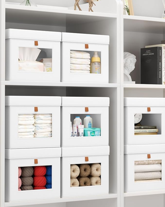 Storage Bins with Lid – Closet Organizer with Side Opening and Clear Window, Foldable Stackable Fabric Basket for Clothes, Home, Office - 13.77" x 11.8" x 9.8", 3 Pack, White