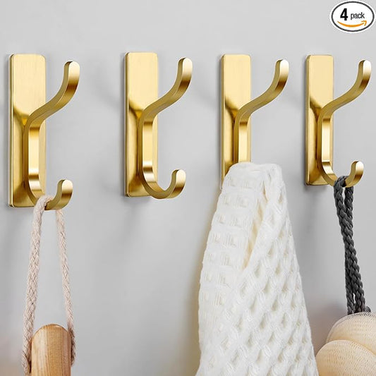 pickpiff Adhesive Wall Coat Hooks - Heavy Duty Stick-On Door Hanger, Metal Hook for Hanging Towel,Purse, Robe, Backpack, Jacket, Clothes - for Bathroom,Dorm, Closet, Kitchen - Gold, 4 Pack