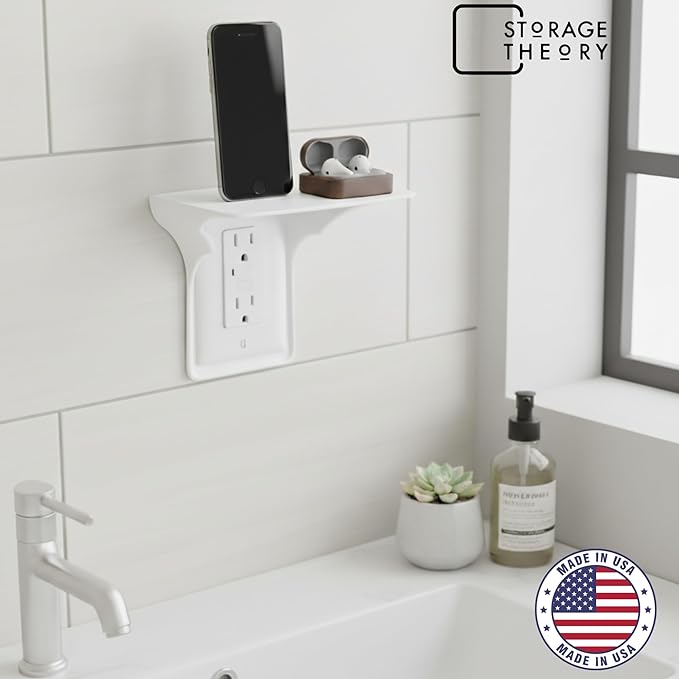 BeraTek Power Perch Wall Outlet Shelf with Cord Storage Strap - Declutter & Reclaim Counter Space - Alexa Holder, Charging Stand, Apple Homepod Mini Wall Mount - White, 2-Pack