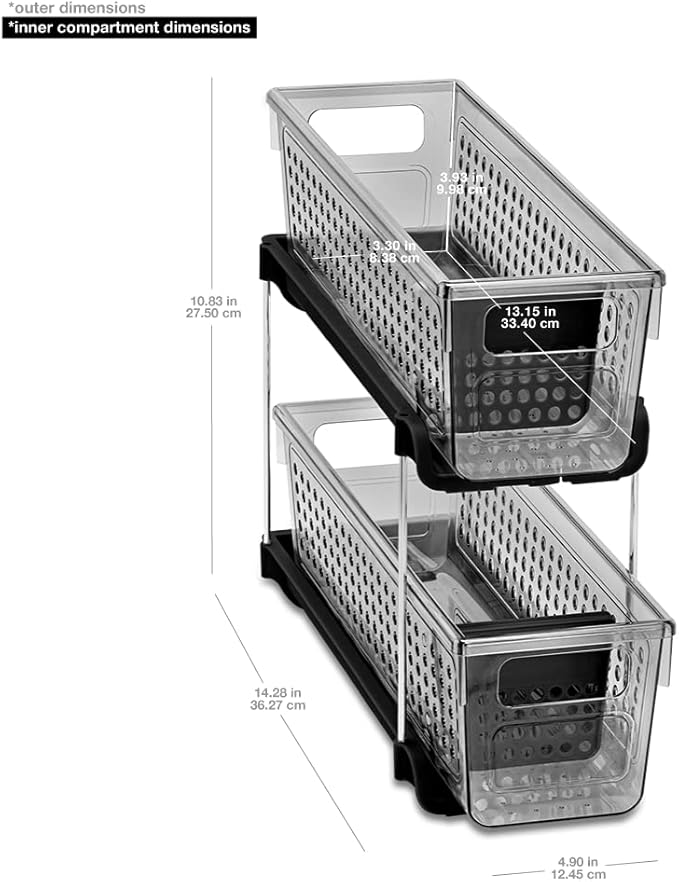 Madesmart Mini 2-Tier Plastic Multipurpose Organizer with Divided Slide-Out Storage Bins, Compact Under Sink and Cabinet Organizer Rack, Carbon