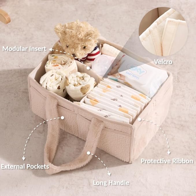 luxury little Soft Baby Diaper Caddy Organizer, Nursery Storage Basket with Removable Divider, Portable Baby Diapers Basket, Gifts for New Parent, Baby Shower, Newborn Must-Have Essentials, Ivory