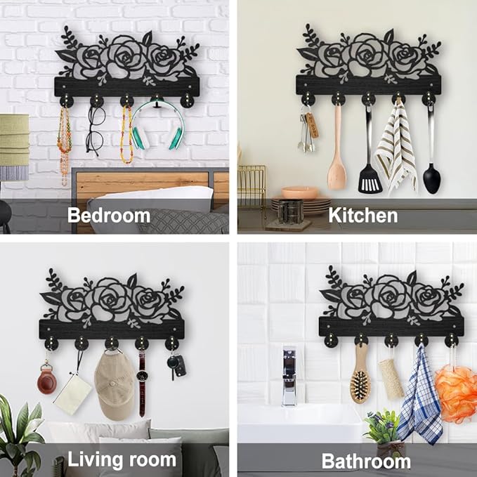 MAYJOYDIY Flower Plant Coat Hooks Wall Mounted 11.8×7inch Rose Flower Wood Key Holder for Wall Decorative Key Rack Hanger with 5 Alloy Hooks Key Hooks for Entryway Home Decor Mother's Day Gift