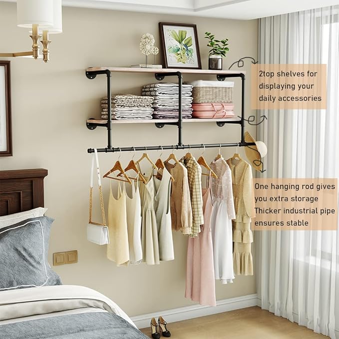 MAIKAILUN Industrial Pipe Clothes Rack with Wood Shelf, 52" Long Wall Mounted Clothing Rack with Hanging Rod for Laundry Room, Heavy Duty Pipe Shelves, Closet Storage, Retail Boutique Display