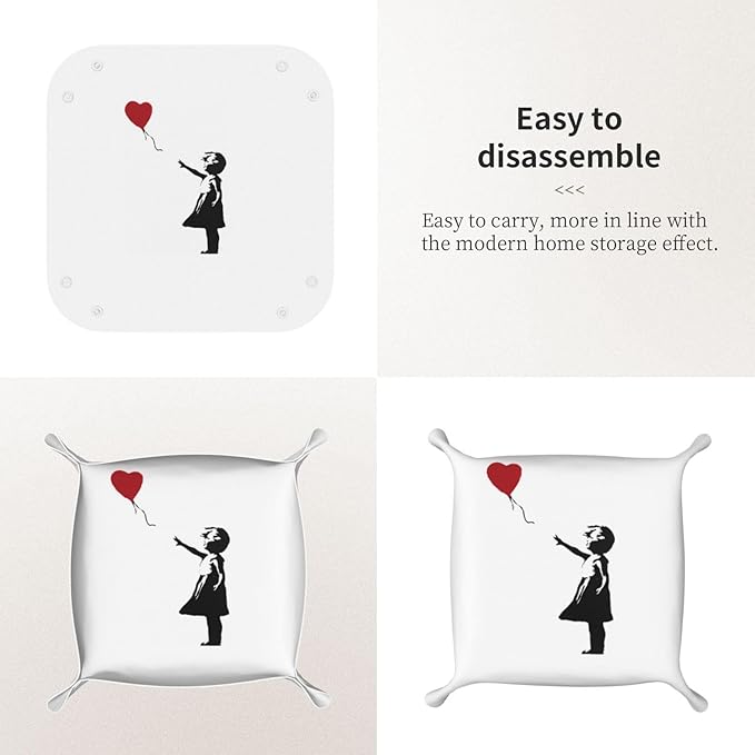 Banksy Heart Leather Vanity Tray Desktop Storage Organizer, Decorative Catchall Perfume Tray, Bathroom Valet Tray,Nightstand Caddy Holder for Keys Phone Wallet Coin Jewelry, S
