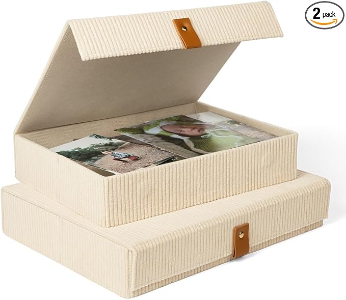 Cozy Corduroy Decorative Keepsake Storage Boxes with Lids - Set of 2 Giftable Haven Boxes For Photos, Memory Box, Bookshelf Decor, Photo Box, Keepsake Storage, Home Décor, Manage Clutter