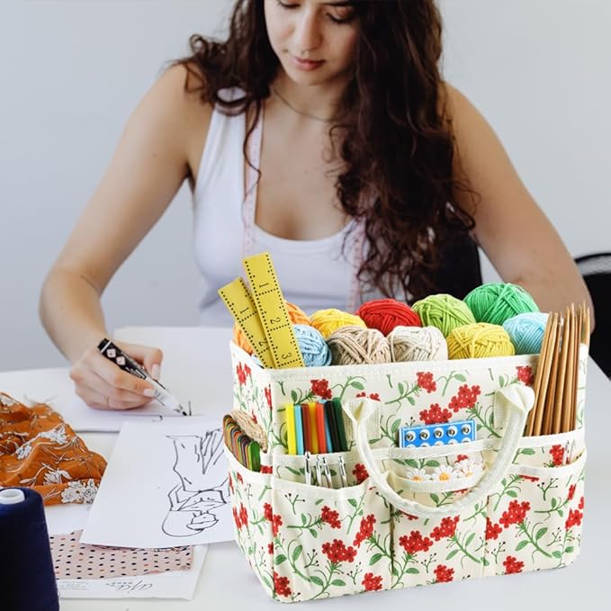 E-WEICHEN Craft Organizer Tote Bag Art Storage Caddy with Multiple Pockets Containers for Art,Craft,and Office Supplies Storage.Red Flower
