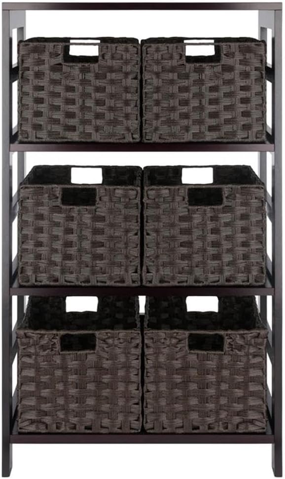 Winsome Leo 3-Tier Wide Storage Shelf with 6 Foldable Woven Baskets, for Living Room, Home Office, Bedroom, Espresso