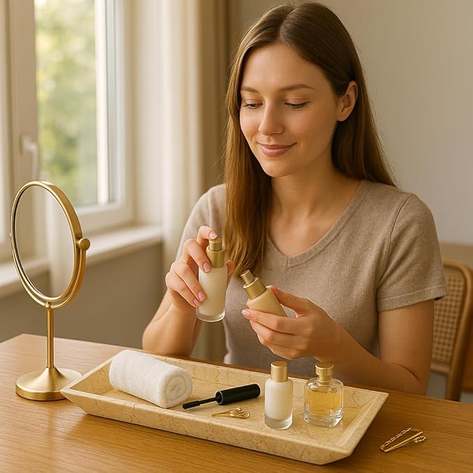 Creative Home Natural Champagne Marble Rectangular Vanity Tray Towel Tray Boat Shaped Tray Bathroom Accessories Organizer, 16.5" x 6.3" x 1.5" H, Beige
