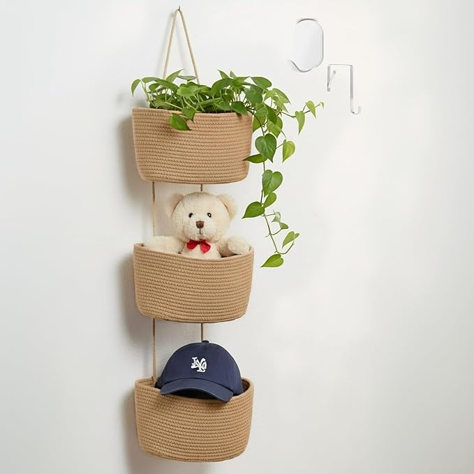 Over the Door Organizer, 3 Tier Hanging Wall Basket Storage for a Stylish and Clutter-free Space, Ideal for Boho Room Decor and Nursery Decor