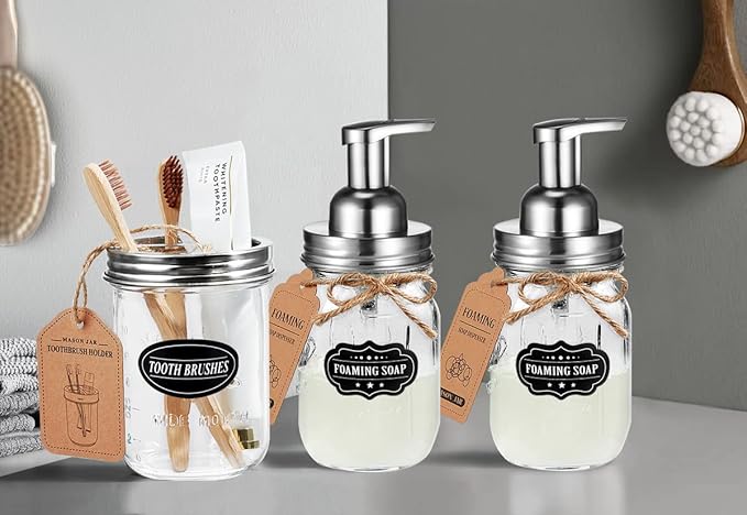 Mason Jar Toothbrush Holder - Brushed Nickel - with 16 Ounce Ball Mason Jar,Premium Rustproof 304 Stainless Steel Lid and Chalkboard Labels - Rustic Farmhouse Decor Black Bathroom Accessories