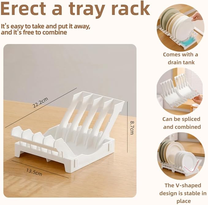 Dish racks for kitchen counter with water tray, Plate organizer for cabinet, Plate holders for dinner plates, Multi-purpose dish rack that can be joined, Kitchen plate organizer can hold 8 plates
