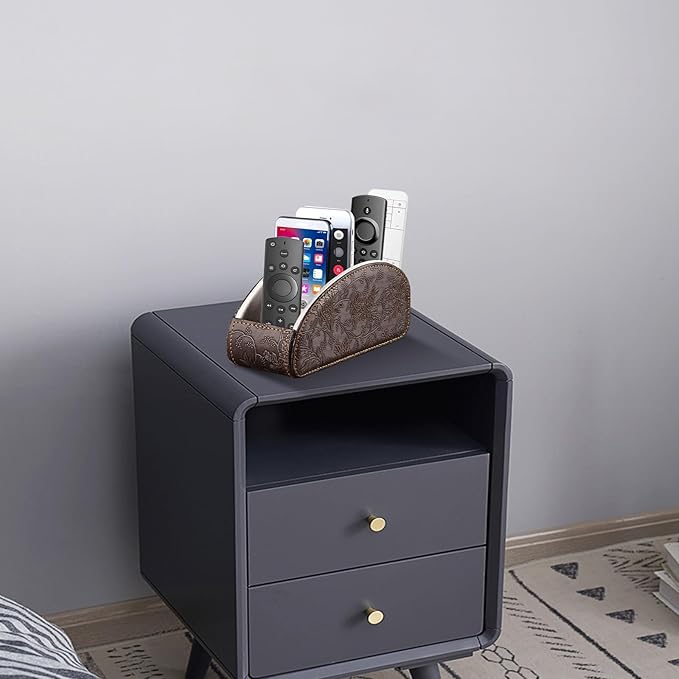TV Remote Control Holder with 5 Compartments,Pu Leather Remote Caddy/Box/Tray Nightstand Desktop Storage Organizer Store DVD,Blu-Ray,Media Player,Heater Controllers, Makeup Office Supplies