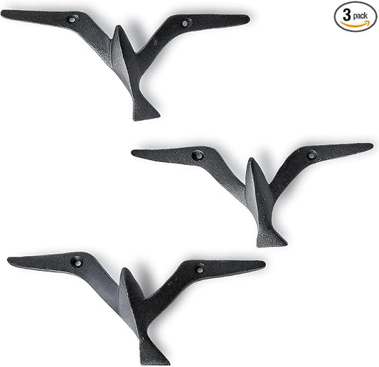 Ambipolar Iron Cast Decorative Gull Bird Wall Mounted Coat Hooks, Black, Set of 3