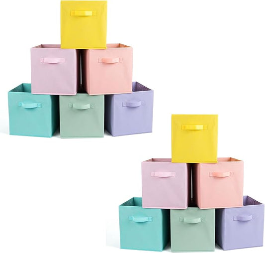 Fabric Storage Bins 12 Pack 11 inch Foldable Storage Cubes with Handles Fun Colored Durable Cube Storage Bin for Home, Playroom, Closet Organizers and Storage Green, Cyan, Purple, Yellow, Pink, Peach