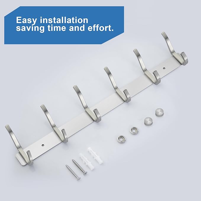 304 Stainless Steel Wall Hooks, 17 Inch Coat Rack Wall Mount with 6 Hooks,Silver Wall Hooks Hangers for Entryway, Bathroom - for Hanging Backpack, Bag, Coat, Purse, Hat, Towel, Clothes,2 Packs