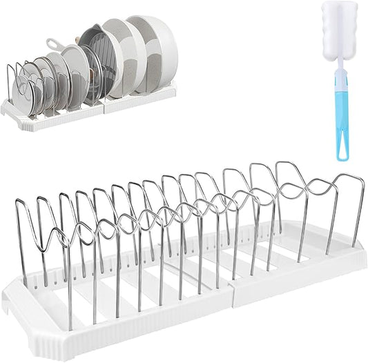 Pots and Pans Organizer Under Cabinet, 14-Slot Expandable Pot Rack Organizer with Cup Brush, Kitchen Pots and Pans Organizer for Cookware, Lids, Bakeware, Cutting Boards Tool-Free Installation (White)