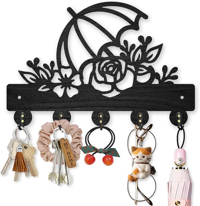 MAYJOYDIY Rose Umbrella Key Holder for Wall Flower Leaves Wall Mounted Key Hooks 11.8×7.9inch Wood Key Hanger Rack with 5 Alloy Hooks for Entryway Front Door Kitchen Office Decoration