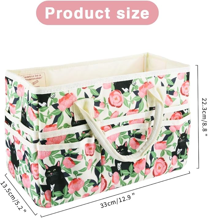 E-WEICHEN Craft Organizer Tote Bag Art Storage Caddy with Multiple Pockets Containers for Art,Craft,and Office Supplies Storage.Rose Cat