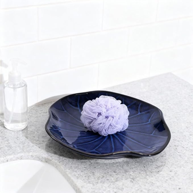 Blue Lotus Leaf-Shape Ceramic Decorative Tray, Navy Blue Decor Pottery Key Bowl, Candy Dish, Small Jewelry Trinket Tray for Bedroom, Centerpiece, Bedside Table, Living Room, Entryway Table (Blue)